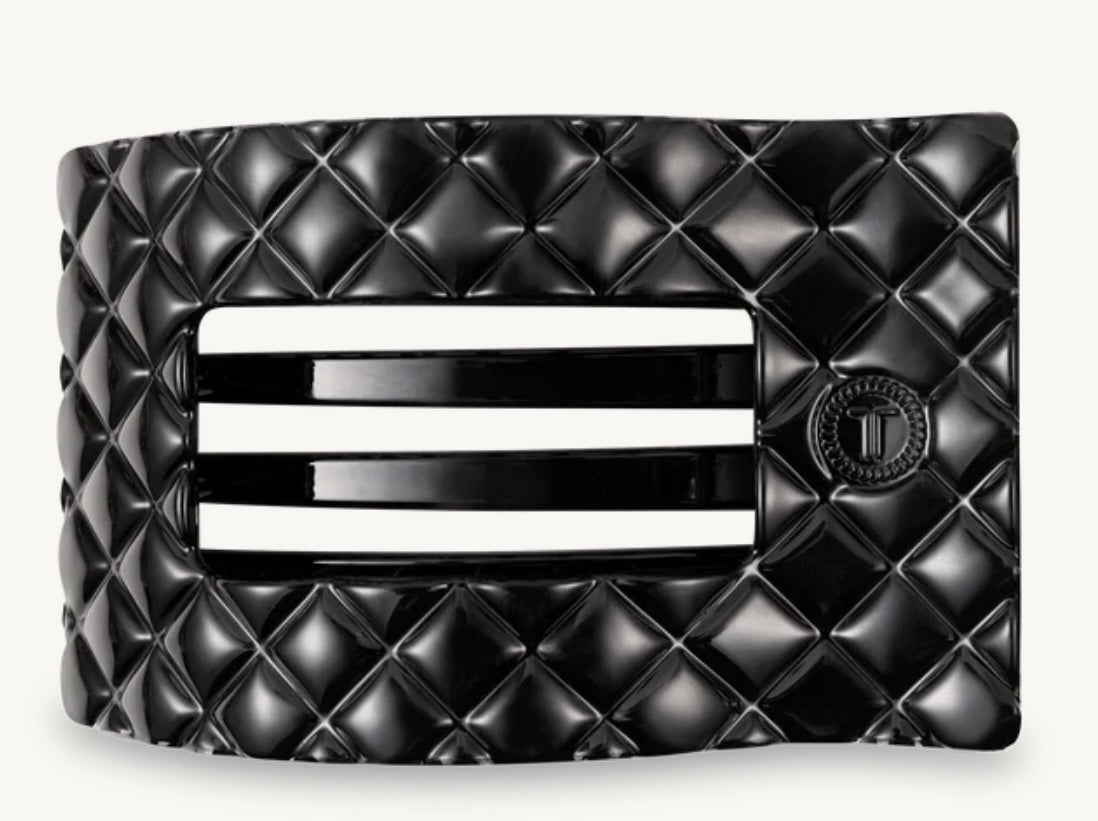 Jet Black Quilted Large Flat Rectangle Hair Clip