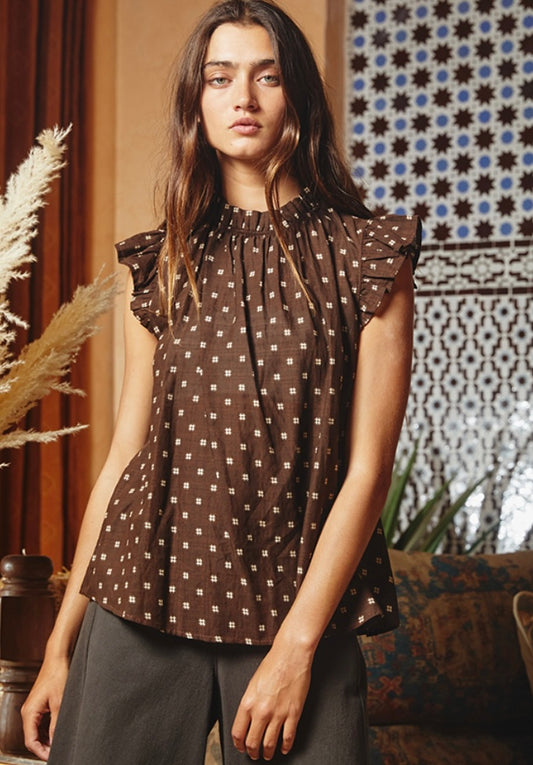 Pretty Ruffle Neck Brown Blouse