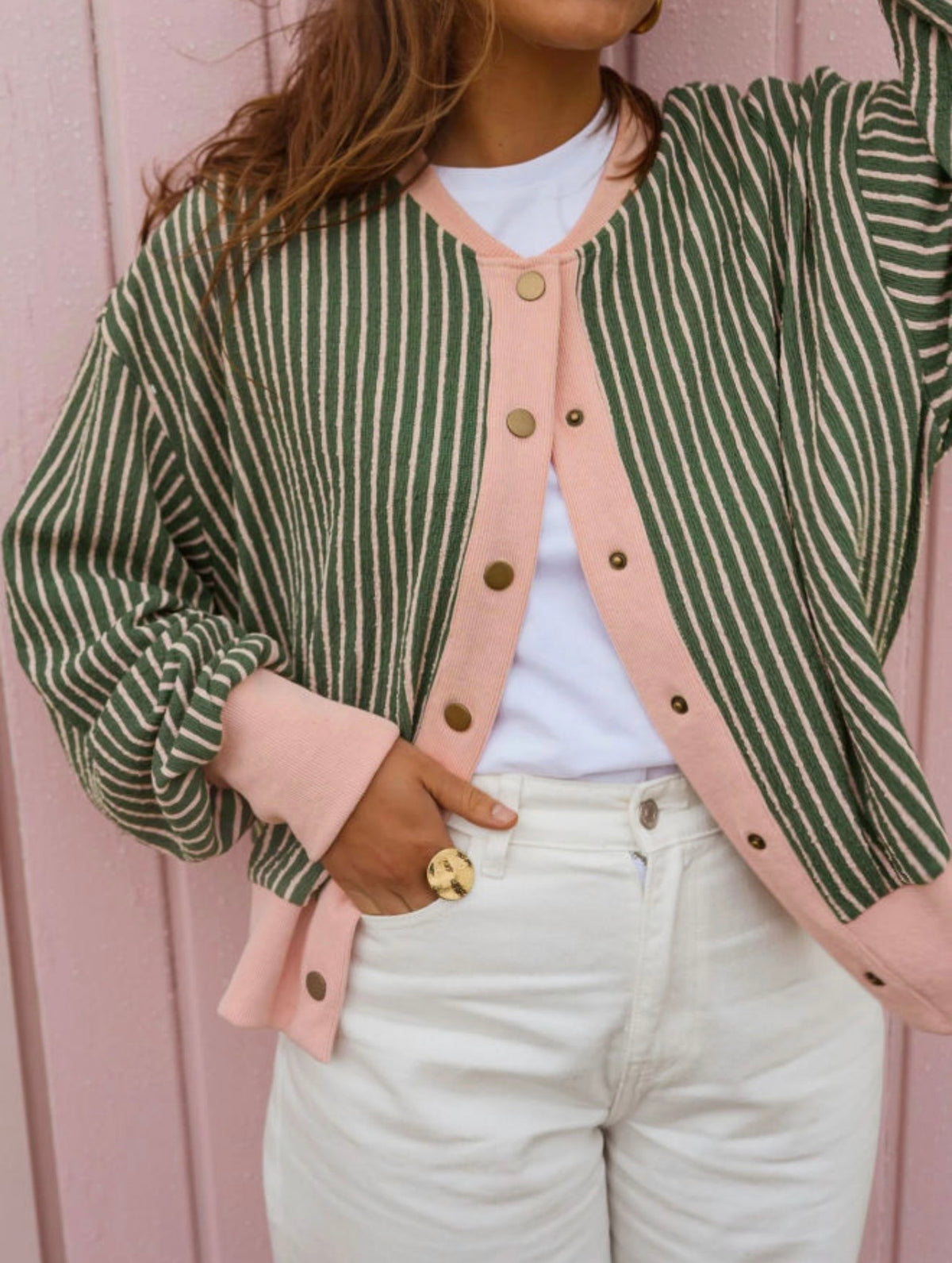 Green stripe v neck sweater