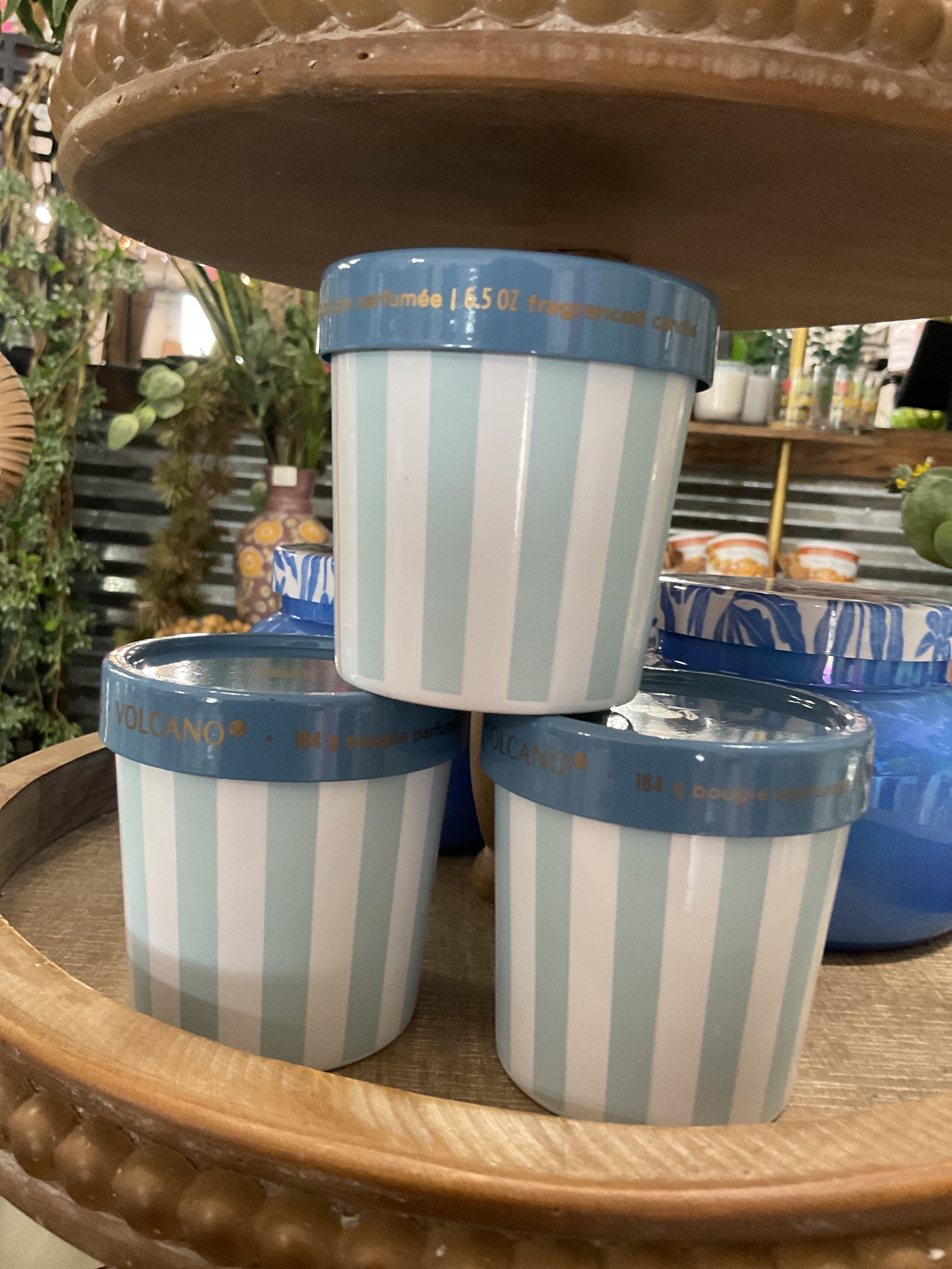 Capri blue striped volcano candle