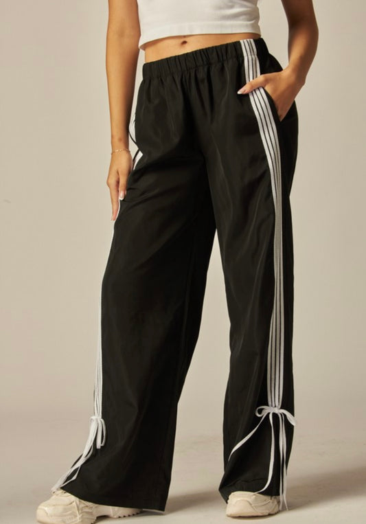 Bow striped wind pants  black