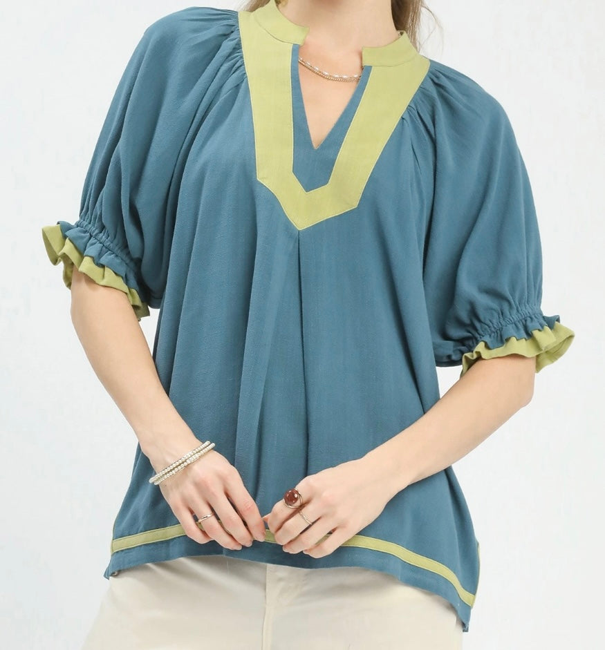 Blue and green ruffle sleeve blouse