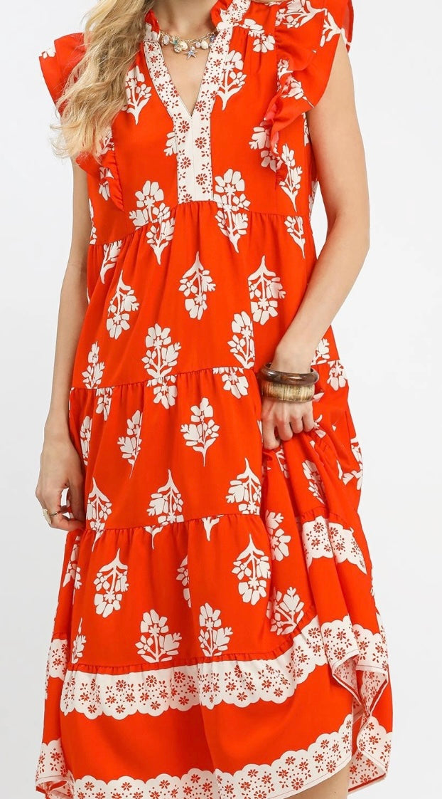 Orange Ruffle sleeve maxi dress