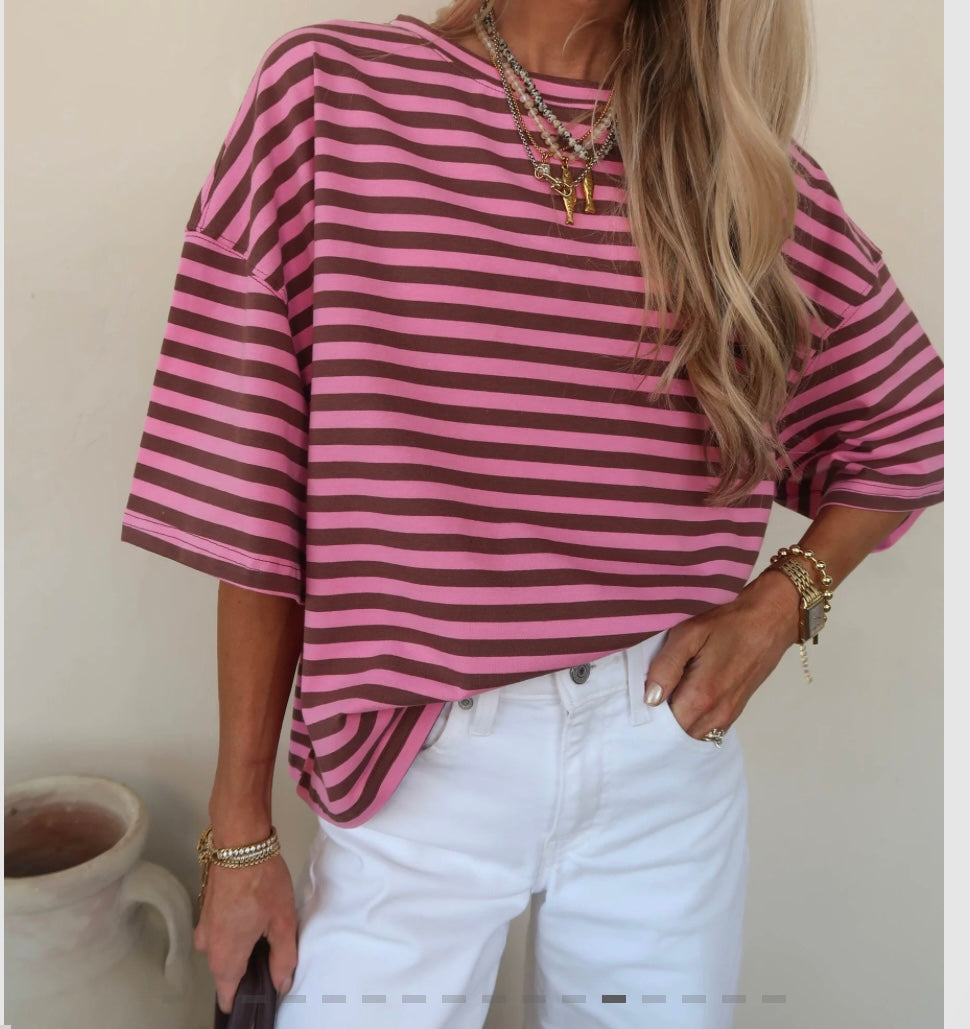 Pink and Red Striped Boyfriend Tee