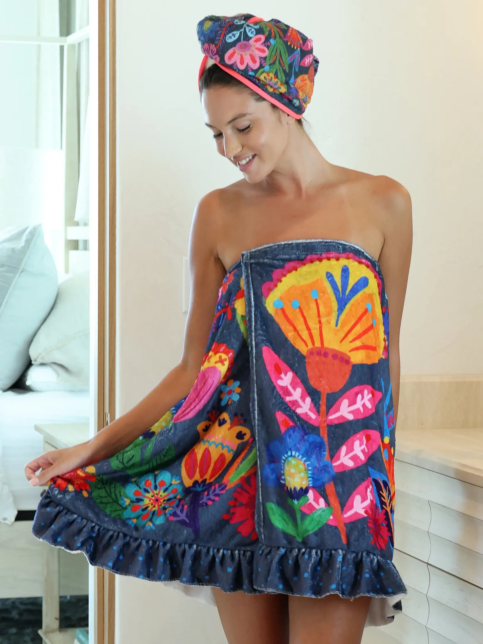 Navy Flower Towel Wrap