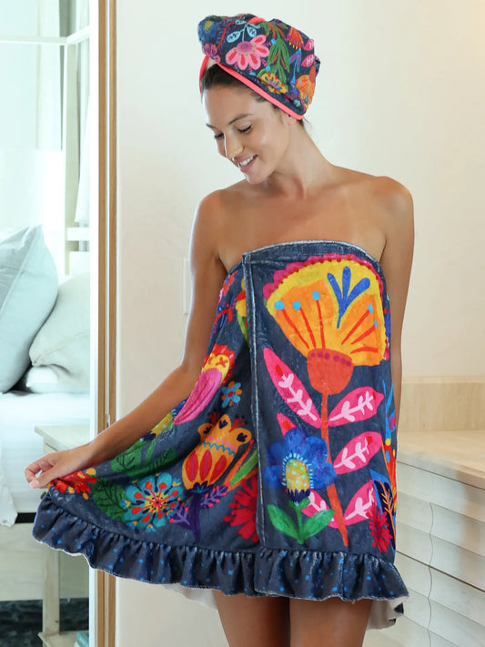Navy Flower Towel Wrap